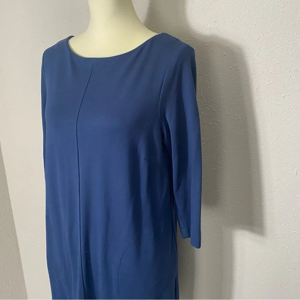 J.Jill Ponte Knit Crew Neck 3/4 Sleeve Shift Dress In Blue Women's Size Medium